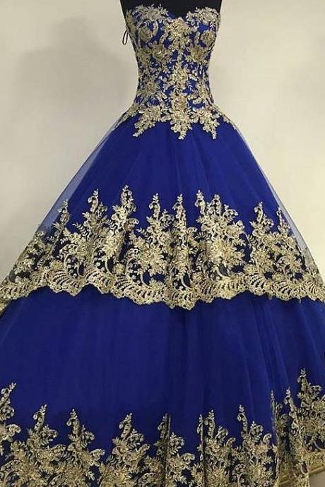 Royal Blue Ball Gowns Prom Dress Sweetheart Neckline With Gold Lace Appliques