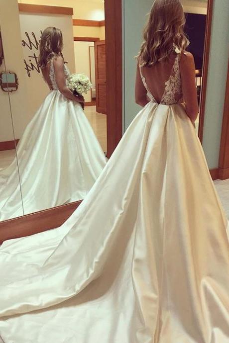 elegant lace appliques open back satin ball gowns wedding dresses 2017 new arrival