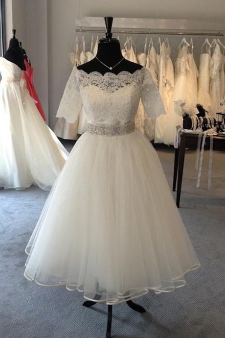 elegant lace sleeves tulle princess wedding dresses tea length 2017 vintage bridal gowns