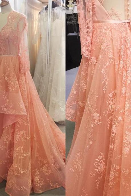 Coral Prom Dresses,lace Prom Dresses,long Sleeves Prom Dresses,formal Evening Gowns,elegant Prom Dress 2017