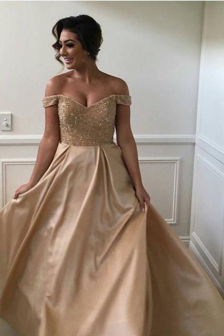 sexy off the shoulder sequins and beaded sweetheart long satin ball gowns prom dress,gold prom dress,prom gowns 2017