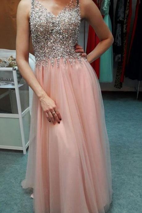 Elegant Pink Chiffon V Neck Long Prom Dresses 2017