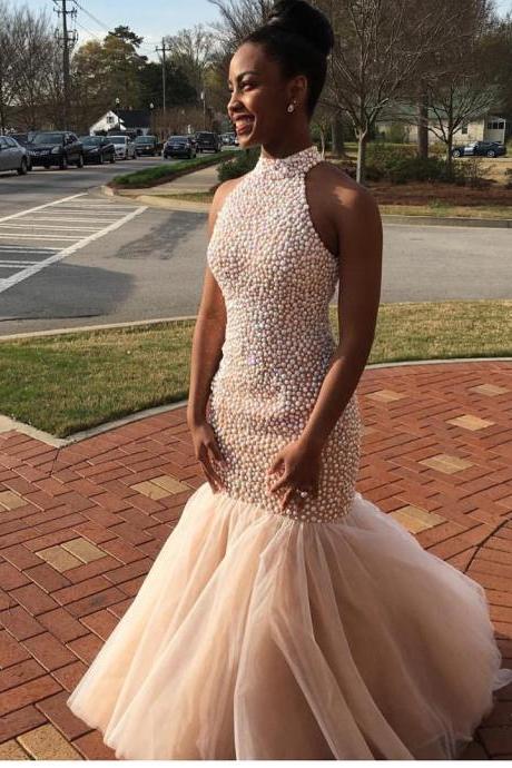 Fully Pearl Beaded Halter Mermaid Prom Dresses 2017 Luxury Evening Formal Gowns