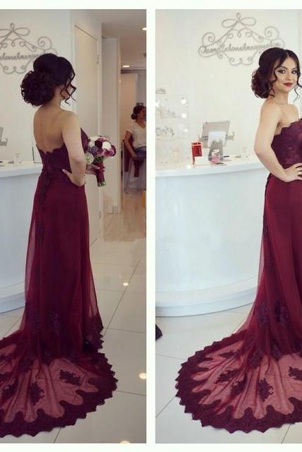 A Line Lace Sweetheart Long Tulle Sweep Train Burgundy Prom Dresses 2017 Elegant Evening Gowns