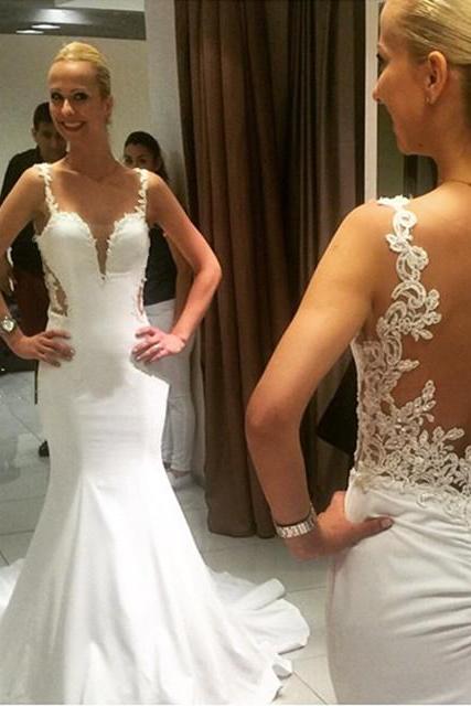 Sexy Open Back White Jersey Mermaid Evening Gowns 2017 Long Prom Dresses Lace Appliques