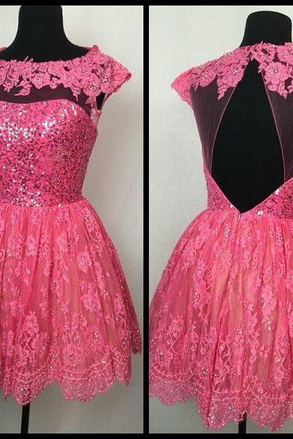 Pink Lace Homecoming Dresses Cap Sleeves Open Back Prom Dresses Short 2017