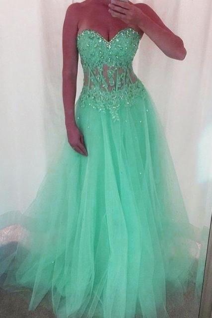 Mint Green Long Tulle Prom Dresses Sweetheart Neckline With Lace Appliques 2017