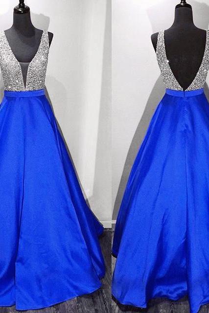 Sparkly Beaded V Neck Long Satin Ball Gowns Prom Dresses 2017 Pageant Gowns For Women