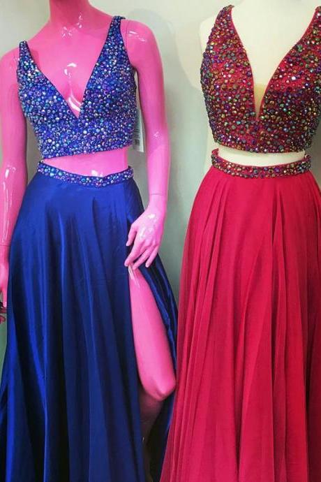 Two Piece Prom Dresses,satin Prom Gowns,prom Dresses 2017,sexy Long Party Dresses,crystal Beaded Dress