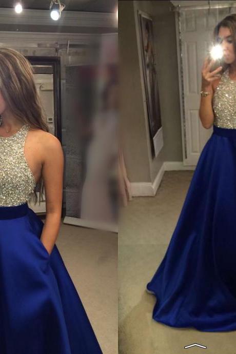 Gorgeous Beaded Halter Long Satin Royal Blue Ball Gowns Prom Dresses 2017