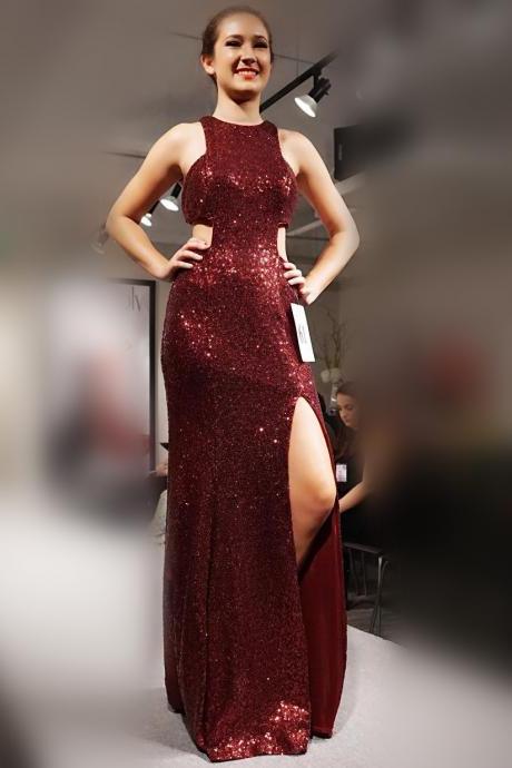 halter prom dresses,long sequin gowns,mermaid prom gowns 2017,slit evening dress,sexy long formal dress