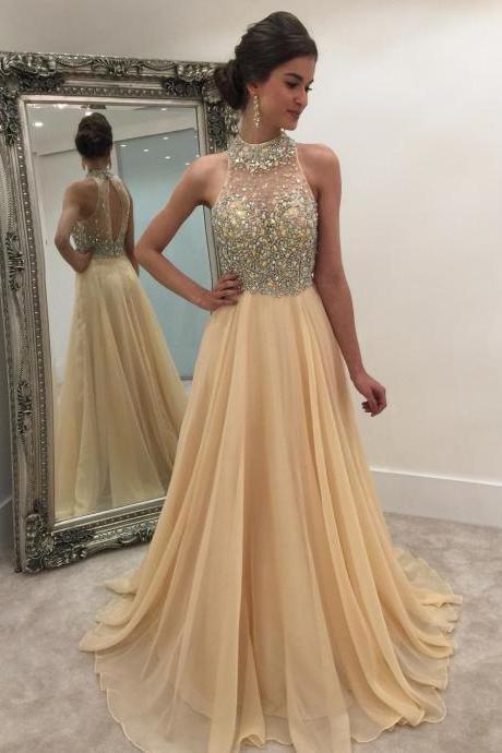 crystal beaded halter illusion back long champagne organza prom dresses 2017 sexy