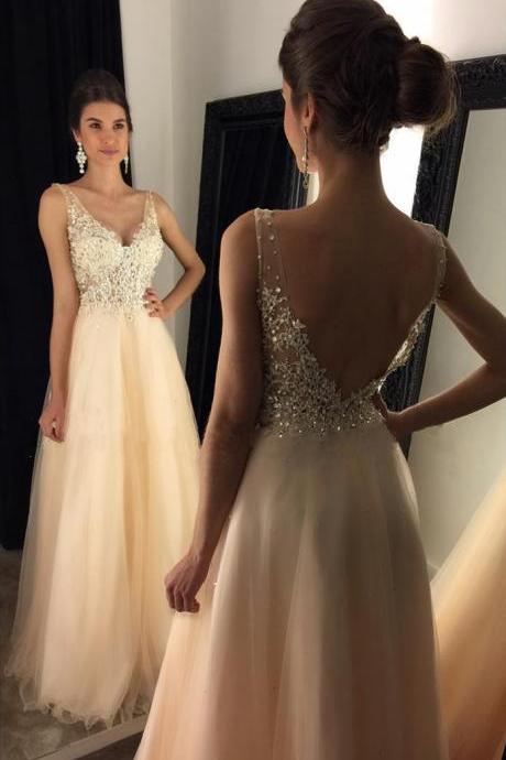 Chic Lace Appliques Beaded V Neck Open Back Long Champagne Prom Dresses 2017