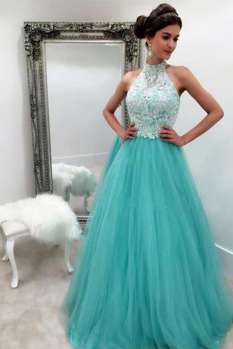 White Lace Appliques Halter Long Organza Turquoise Prom Dresses Ball Gowns 2017 Elegant