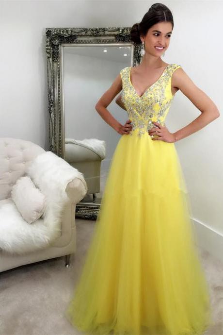 Yellow Prom Dresses,v Neck Dress,cap Sleeves Evening Gowns,long Organza Prom Dresses 2017,sexy Long Formal Dress
