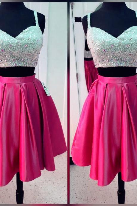 Women&amp;#039;s Party Dresses,short Satin Two Piece Homecoming Dresses With Sequin Top,sparkly Prom Gowns,short Cocktail Dresses