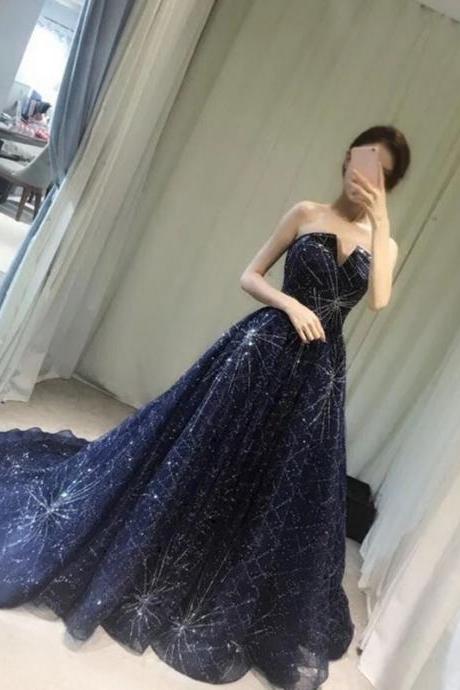 strapless long navy blue sequins beaded ball gowns prom dresses 2017