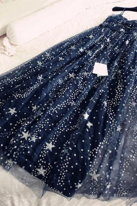 Sparkly Sequins Beaded Long Navy Blue Prom Dresses 2017 Star Evening Gowns