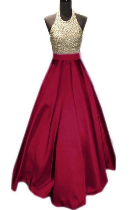 beaded halter long satin burgundy prom dresses ball gowns 2017 real sample evening gowns
