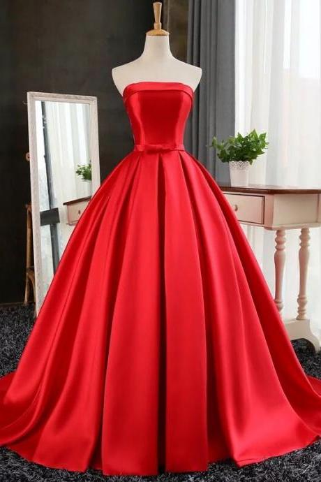 Red Satin Strapless Straight-Across Floor Length Prom Gown Featuring Bow Accent Belt