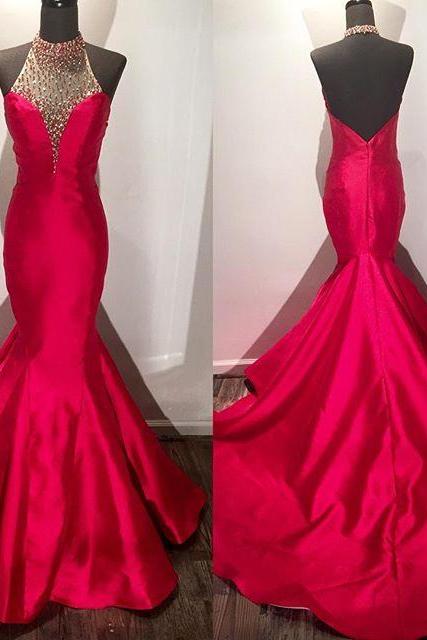beaded halter long satin fuchsia mermaid evening dress,long prom dresses 2017 with open back