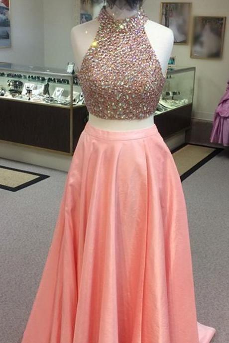 Long Satin Dress,coral Prom Dresses,two Piece Prom Dresses,sexy Prom Gowns 2017,halter Dress