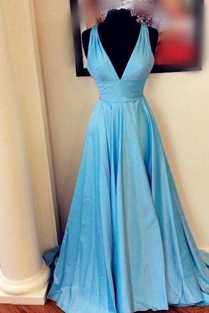Long V Neck Satin Ball Gowns Evening Dresses 2017 Simple Sky Blue Prom Dress
