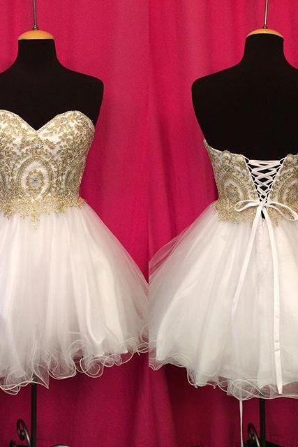 white organza ruffles gold lace appliques sweetheart homecoming dress 2017