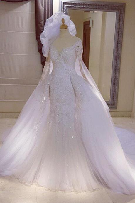long sleeves lace mermaid wedding dresses removable skirt 2017