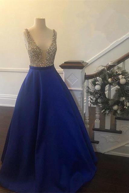 long satin v neck royal blue prom dresses ball gowns 2017