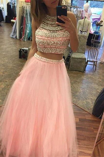 Women&amp;#039;s Pink Tulle Two Piece Prom Dresses With Pearl Beaded Halter Top