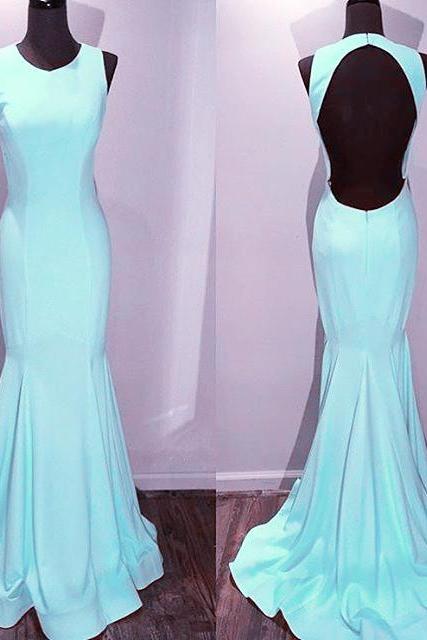 Light Blue Sleeveless Round Neck Mermaid Long Prom Dress, Evening Dress Featuring Open Back