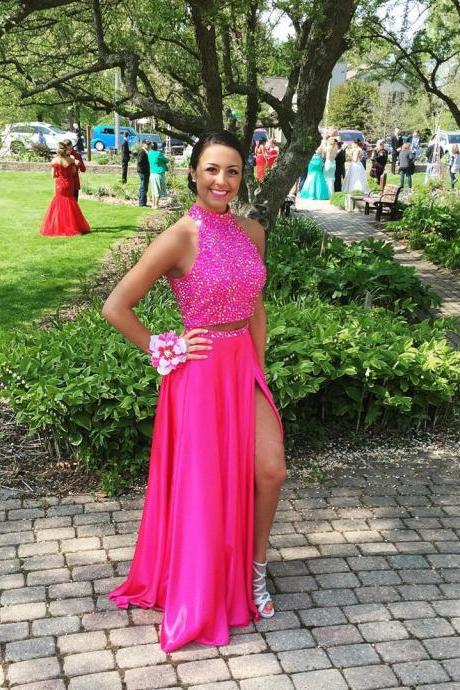 new arrival 2017 pink satin two piece prom dresses with crystal beaded halter top