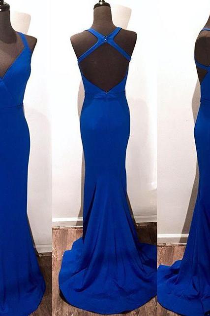 V Neck Cross Back Long Royal Blue Mermaid Prom Dresses 2017 Sexy