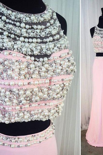 long chiffon pink mermaid prom dresses,two piece prom gowns with pearl beaded,sexy slit prom dress