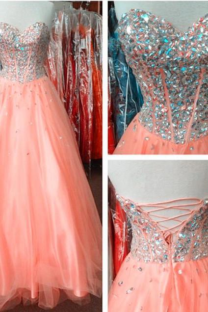 pink prom dress,coral prom dress,ball gowns prom dress,sweetheart prom dress crystal beaded 2017