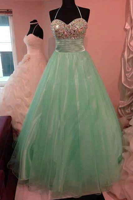 Sequin Beaded Sweetheart Mint Ice Organza Prom Dress 2017