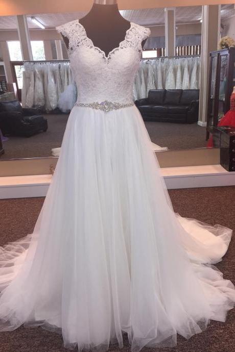 vintage lace cap sleeves v neck long tulle white wedding dress princess 2017 new style