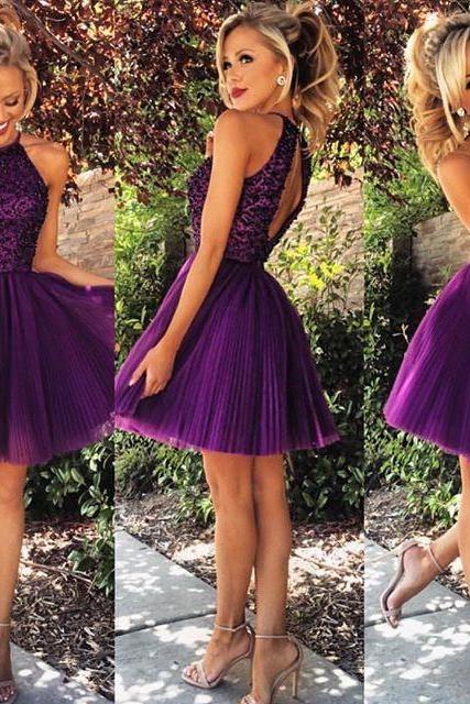 Short Purple Pleated Tulle Homecoming Dresses With Beaded Halter Top 2017