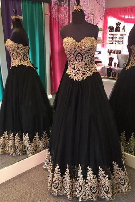 Gold Lace Appliques Beaded Sweetheart Organza Black Prom Dress Ball Gowns 2017