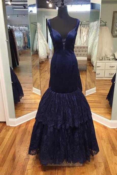 Navy Blue Prom Dress,mermaid Evening Dress,elegant Satin Prom Gowns,ruffles Dress,prom Dress 2017