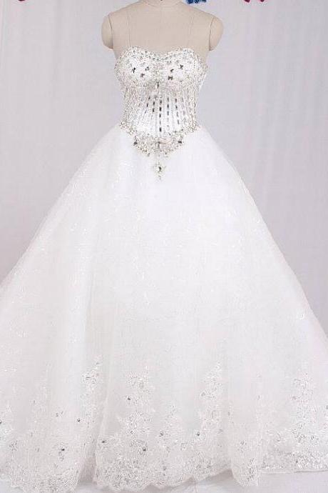 real sample luxury crystal beaded sweetheart lace chapel train princess wedding dress 2017