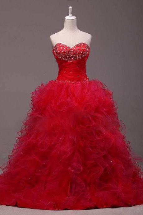 Beaded Sweetheart Organza Ruffles Red Quinceanera Dresses Ball Gowns 2017