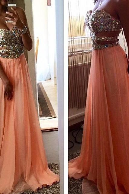 Unique Side Cut Outs Rhinestone Beaded Sweetheart Long Chiffon Coral Prom Dress 2017