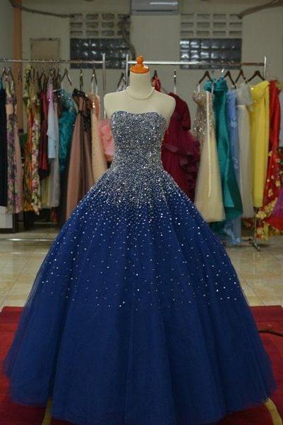 Sparkly Beaded Sweetheart Navy Blue Ball Gowns Prom Dresses 2017
