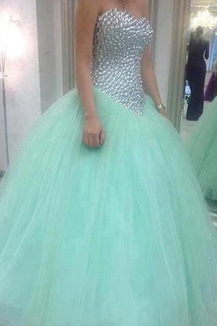 Stunning Crystal Beaded Sweetheart Mint Ball Gowns Prom Dresses 2017