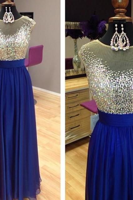 Sparkly Beading Scoop Neckline Long Royal Blue Prom Dress 2017 Cap Sleeves Evening Gowns