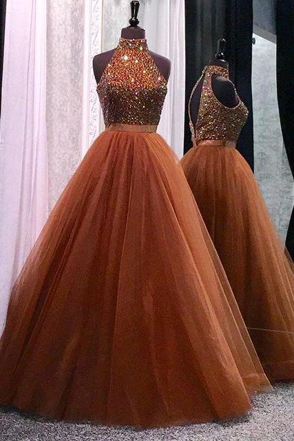 High Neck Open Back Coffee Tulle Ball Gowns Prom Dresses Crystal Beaded 2017 Glitter Gown