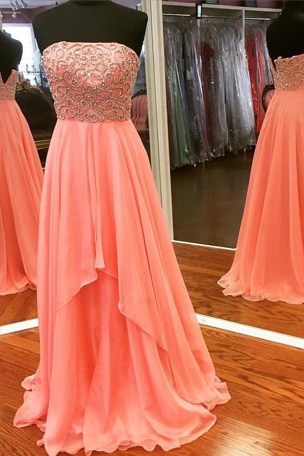 Strapless Prom Dress,long Evening Gowns,chiffon Prom Dress,pearl Beaded Formal Dress,sexy Prom Dress,prom Gowns 2017