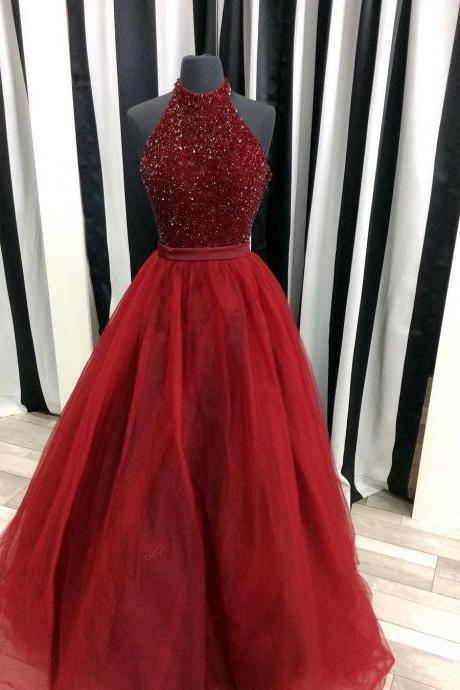 Sparkly Beaded Halter Long Organza Ball Gowns Prom Dress 2017 Burgundy Evening Gowns